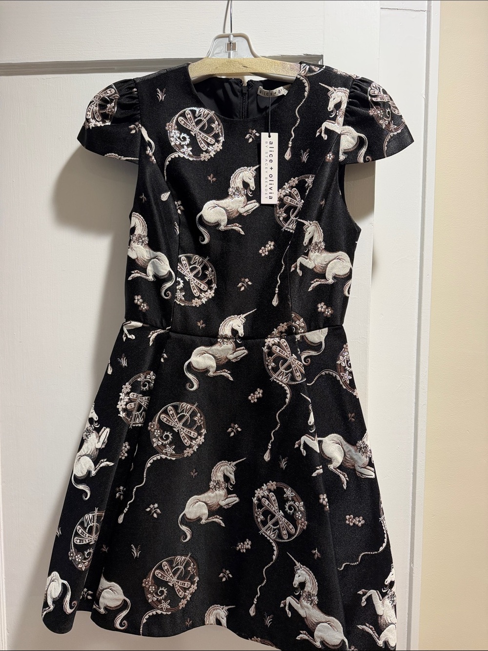Alice + Olivia Black Unicorn Print Fit & Flare Dress